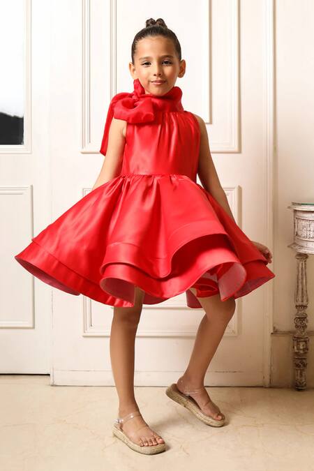 Shop Pnk Isha Arora (Pink) Red Matt Poly Stain Solid Layered Dress Shop_Pnk Isha Arora (Pink)_Red Matt Poly Stain Solid Layered Dress