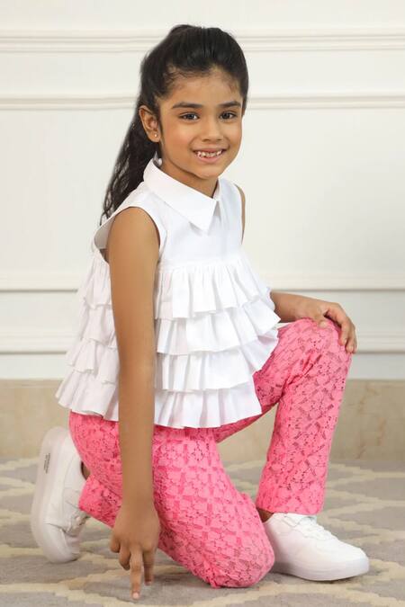 Pnk Isha Arora (Pink)_White Top Cotton Solid Lace Tiered Frill With Pant  _Online_at_Aza_Fashions