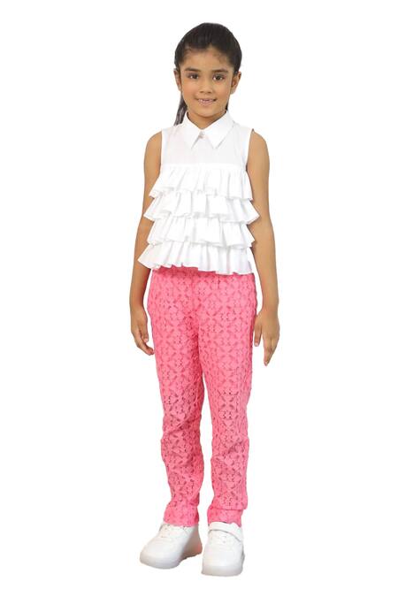 Buy_Pnk Isha Arora (Pink)_White Top Cotton Solid Lace Tiered Frill With Pant  _Online_at_Aza_Fashions