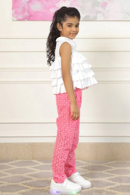 Pnk Isha Arora (Pink)_White Top Cotton Solid Lace Tiered Frill With Pant  _at_Aza_Fashions