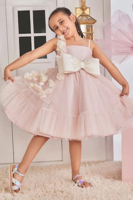 PNK Isha Arora (Pink) Pink Taffeta Embellished Applique Floral Placement Frill Dress  