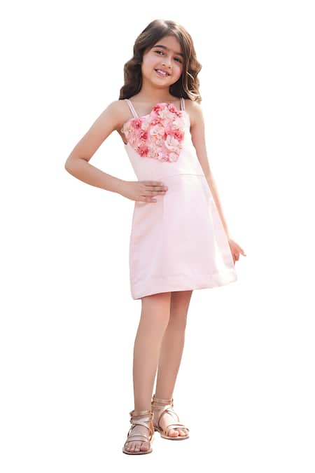 Pnk Isha Arora (Pink)_Peach Super Satin Embellished Diamond Handmade Floral Short Dress  _Online_at_Aza_Fashions