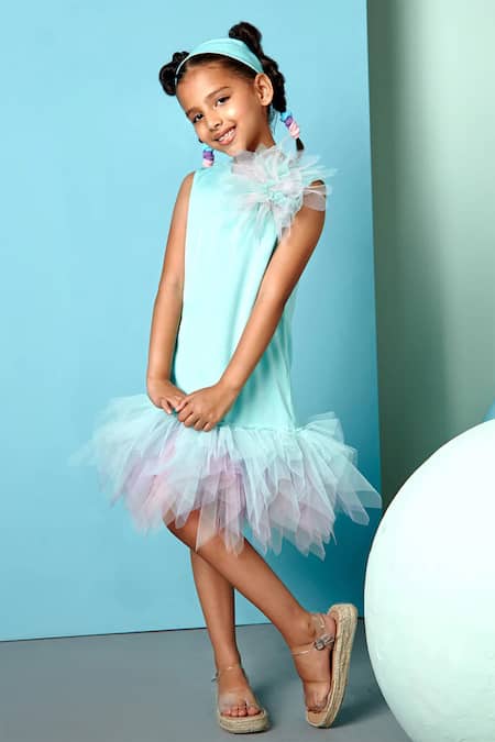 Pnk Isha Arora (Pink)_Blue Satin Velvet Flower Aquilina A-line Detailed Dress  _Online_at_Aza_Fashions