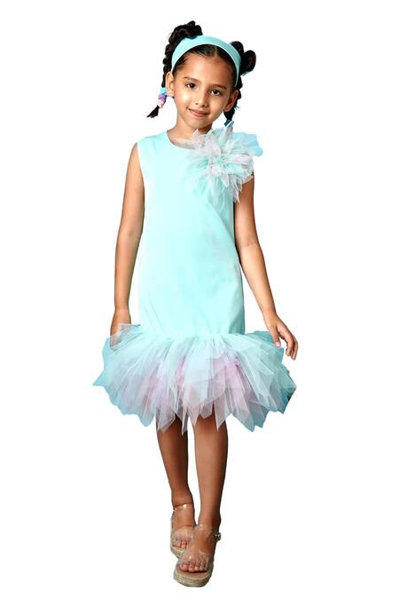 Buy_Pnk Isha Arora (Pink)_Blue Satin Velvet Flower Aquilina A-line Detailed Dress  _Online_at_Aza_Fashions