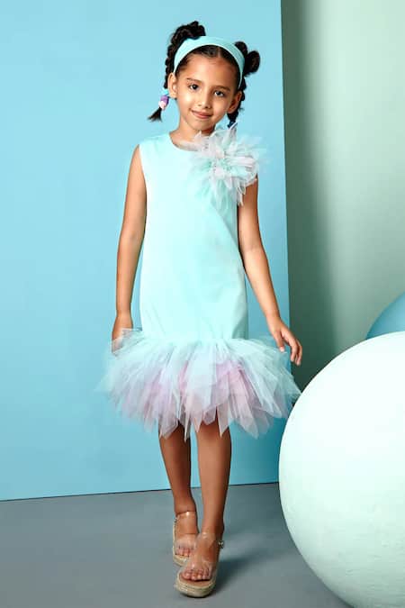 Shop_Pnk Isha Arora (Pink)_Blue Satin Velvet Flower Aquilina A-line Detailed Dress  _Online_at_Aza_Fashions