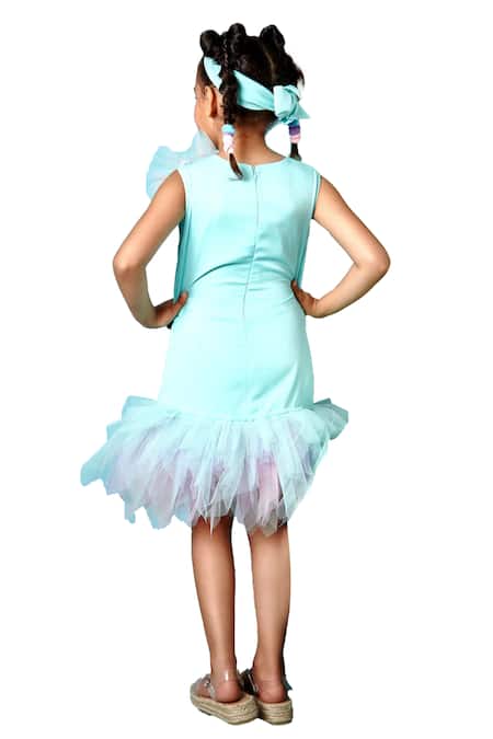 Pnk Isha Arora (Pink)_Blue Satin Velvet Flower Aquilina A-line Detailed Dress  _at_Aza_Fashions