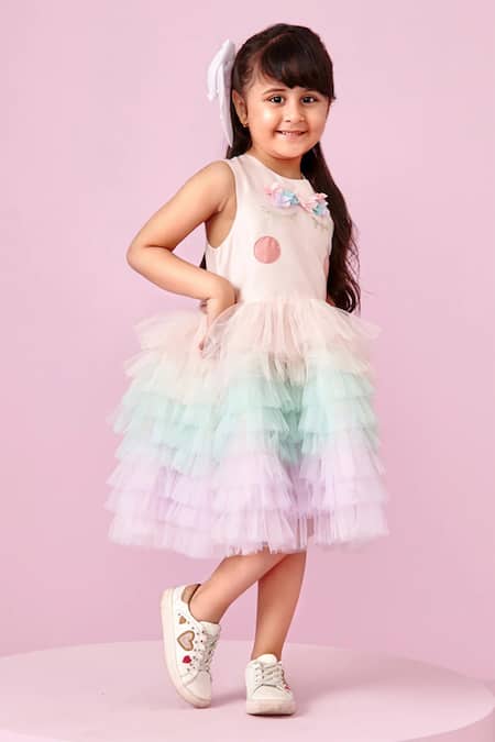 Pnk Isha Arora (Pink)_Pink Taffeta Embellished Handmade Floral Ruffle Dress  _Online_at_Aza_Fashions