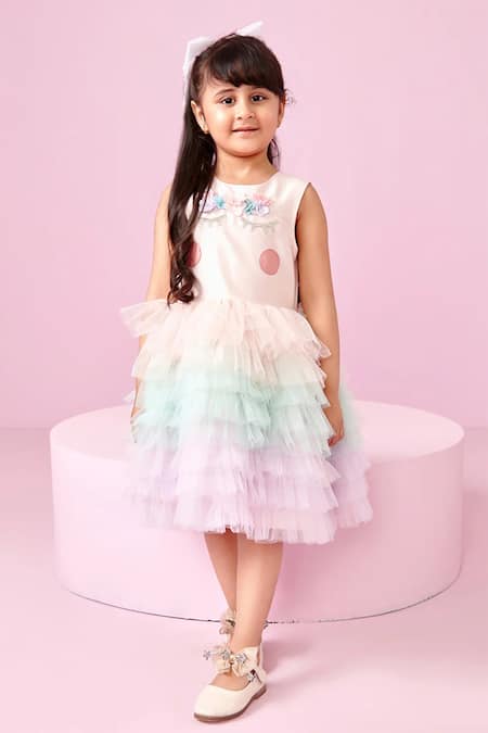 Shop_Pnk Isha Arora (Pink)_Pink Taffeta Embellished Handmade Floral Ruffle Dress  _Online_at_Aza_Fashions