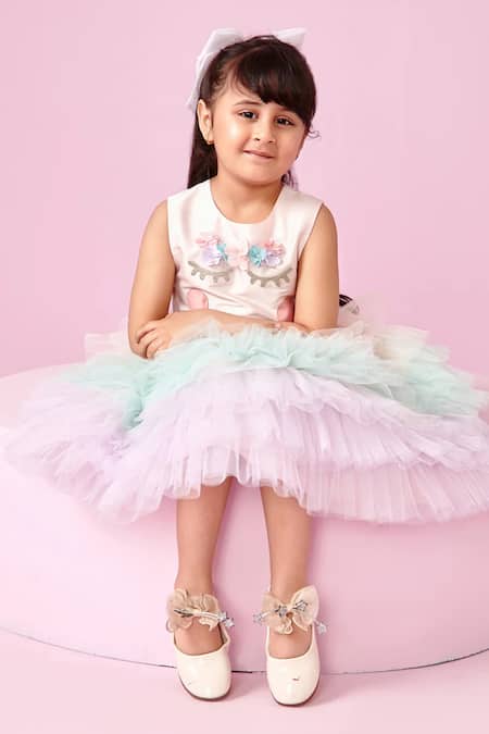 Pnk Isha Arora (Pink)_Pink Taffeta Embellished Handmade Floral Ruffle Dress  _at_Aza_Fashions