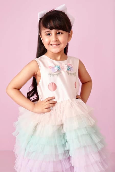 Buy_Pnk Isha Arora (Pink)_Pink Taffeta Embellished Handmade Floral Ruffle Dress  