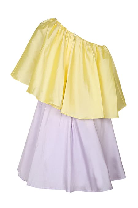 PNK Isha Arora (Pink) Yellow Taffeta Solid One Shoulder Flared Dress  