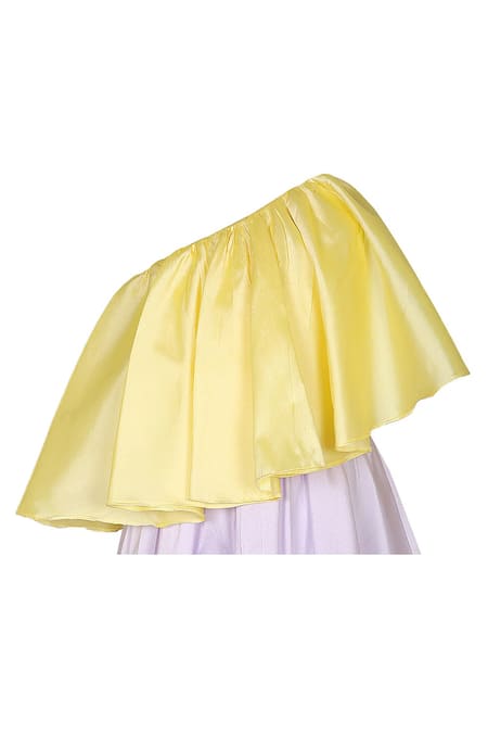 Pnk Isha Arora (Pink)_Yellow Taffeta Solid One Shoulder Flared Dress  _Online_at_Aza_Fashions