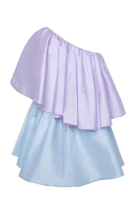 PNK Isha Arora (Pink) Purple Taffeta Solid Flared One Shoulder Dress  