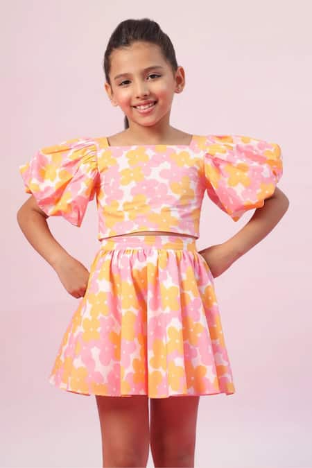 Shop_Pnk Isha Arora (Pink)_Pink Cotton Floral Pattern Crop Top With Skirt  _Online_at_Aza_Fashions