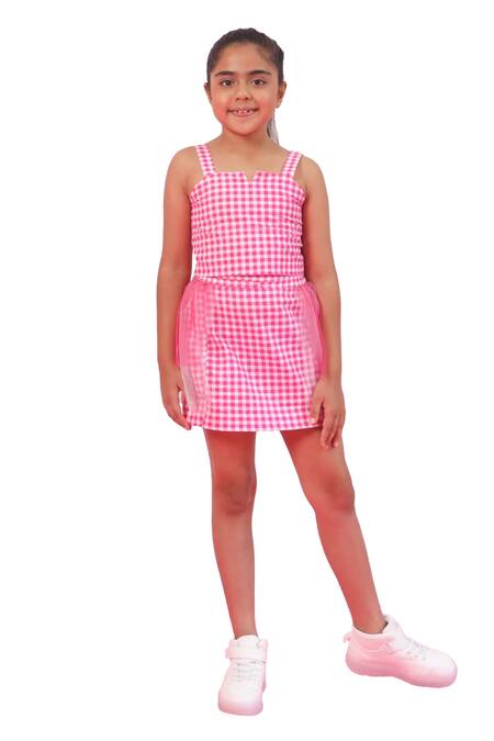 Pnk Isha Arora (Pink)_Pink Cotton Checkered Crop Top With Skirt  _Online_at_Aza_Fashions