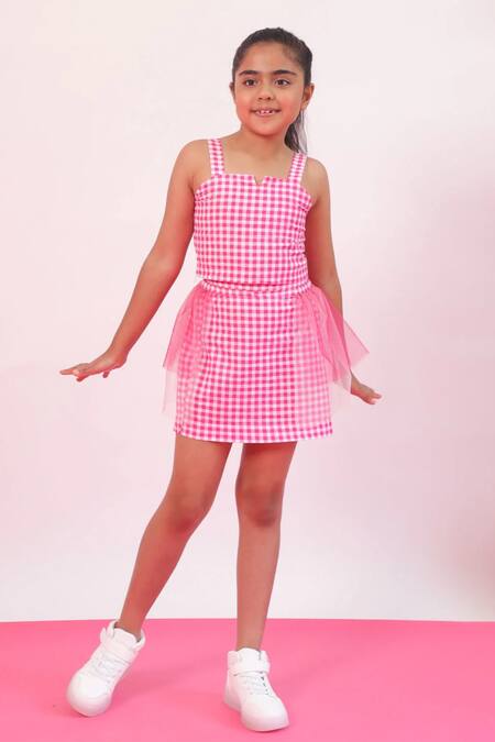 Buy_Pnk Isha Arora (Pink)_Pink Cotton Checkered Crop Top With Skirt  _Online_at_Aza_Fashions
