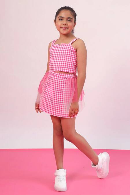 Pnk Isha Arora (Pink)_Pink Cotton Checkered Crop Top With Skirt  _at_Aza_Fashions