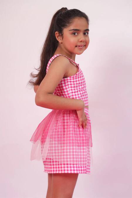 Shop_Pnk Isha Arora (Pink)_Pink Cotton Checkered Crop Top With Skirt  
