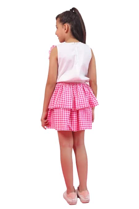 Buy_Pnk Isha Arora (Pink)_White Cotton Checkered Designer Layered Skirt Set 