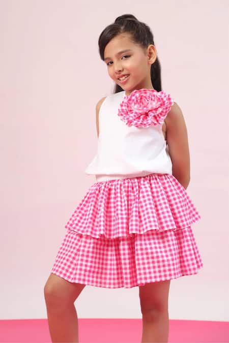 Shop_Pnk Isha Arora (Pink)_White Cotton Checkered Designer Layered Skirt Set 