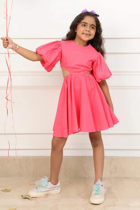 PNK Isha Arora (Pink) Pink Pure Cotton Solid Waist Cut Out Dress 