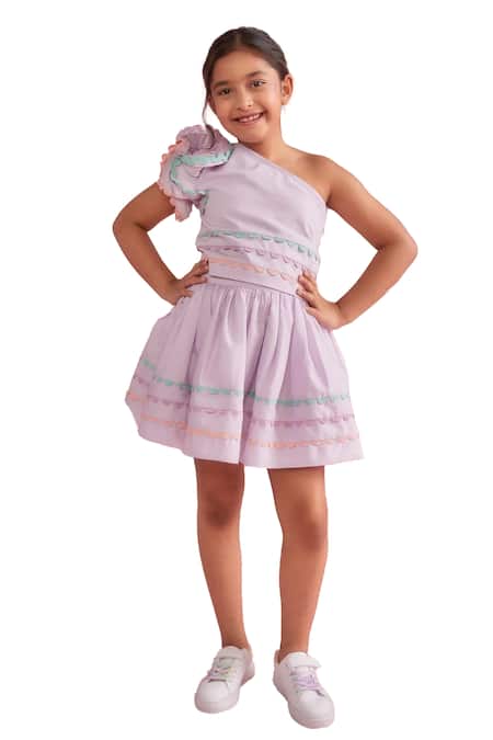 Pnk Isha Arora (Pink)_Purple Cotton Lycra Embellished Lace Ruffle Crop Top With Gathered Skirt _Online_at_Aza_Fashions