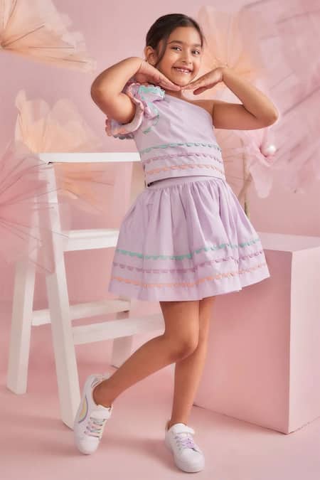 Buy_Pnk Isha Arora (Pink)_Purple Cotton Lycra Embellished Lace Ruffle Crop Top With Gathered Skirt _Online_at_Aza_Fashions