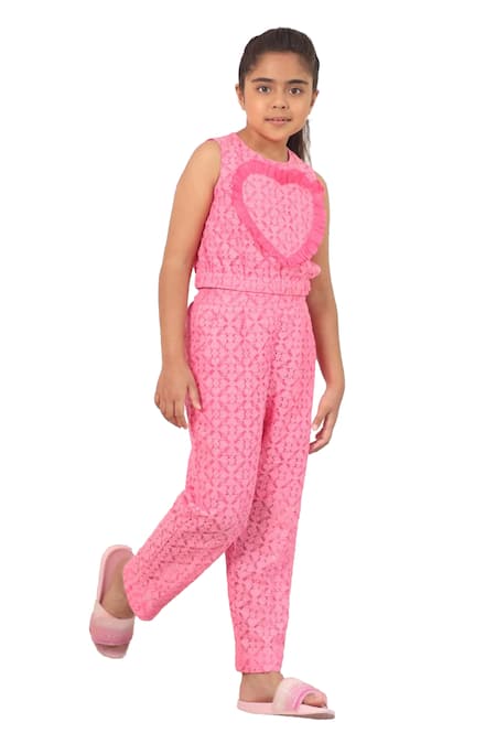 Pnk Isha Arora (Pink)_Pink Blended Lace Heart 3d Embellished Top With Pant _Online_at_Aza_Fashions