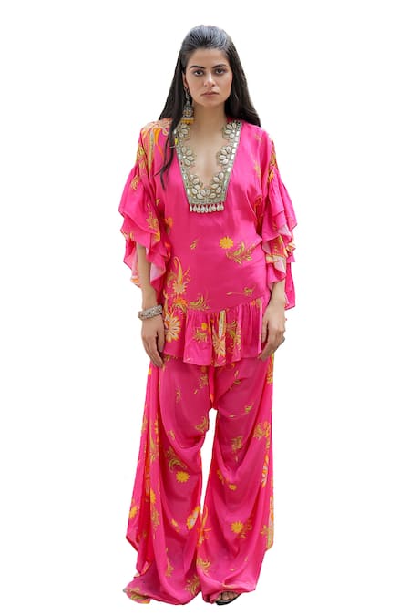 Buy Foram Patel Pink Linen, Crepe Embroidery, Beads V-neck Neckline Kurta Pant Set Buy_Foram Patel_Pink Linen, Crepe Embroidery, Beads V-neck Neckline Kurta Pant Set