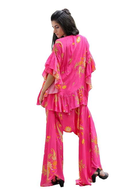 Shop Foram Patel Pink Linen, Crepe Embroidery, Beads V-neck Neckline Kurta Pant Set Shop_Foram Patel_Pink Linen, Crepe Embroidery, Beads V-neck Neckline Kurta Pant Set