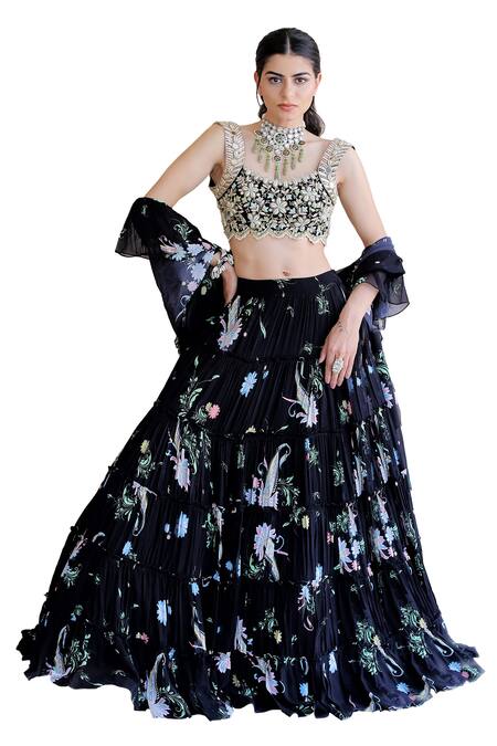 Buy Foram Patel Black Net, Georgette, Linen Mirrors, Beads, Crystals Printed Tiered Lehenga Set Online at Aza Fashions Buy_Foram Patel_Black Net, Georgette, Linen Mirrors, Beads, Crystals Printed Tiered Lehenga Set_Online_at_Aza_Fashions