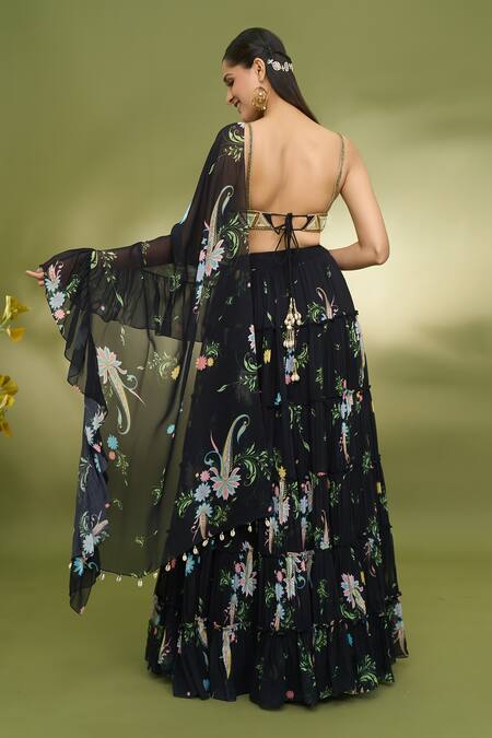 Shop Foram Patel Black Georgette, Net Mirrors, Embroidery V-neck Paisley Print Tiered Lehenga Set at Aza Fashions Shop_Foram Patel_Black Georgette, Net Mirrors, Embroidery V-neck Paisley Print Tiered Lehenga Set_at_Aza_Fashions