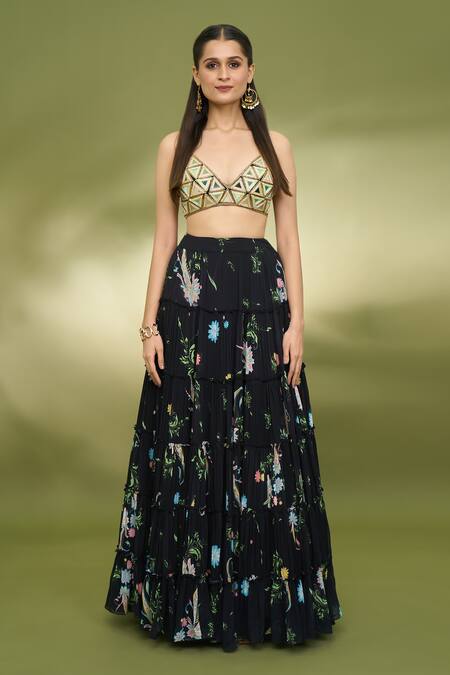 Foram Patel Black Georgette, Net Mirrors, Embroidery V-neck Paisley Print Tiered Lehenga Set Online at Aza Fashions Foram Patel_Black Georgette, Net Mirrors, Embroidery V-neck Paisley Print Tiered Lehenga Set_Online_at_Aza_Fashions