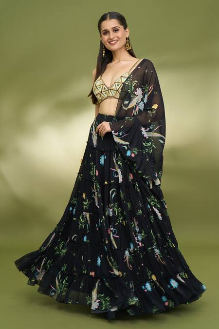 Buy Foram Patel Black Georgette, Net Mirrors, Embroidery V-neck Paisley Print Tiered Lehenga Set Online at Aza Fashions Buy_Foram Patel_Black Georgette, Net Mirrors, Embroidery V-neck Paisley Print Tiered Lehenga Set_Online_at_Aza_Fashions