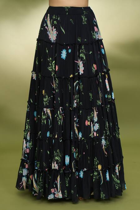 Foram Patel Black Georgette, Net Mirrors, Embroidery V-neck Paisley Print Tiered Lehenga Set at Aza Fashions Foram Patel_Black Georgette, Net Mirrors, Embroidery V-neck Paisley Print Tiered Lehenga Set_at_Aza_Fashions