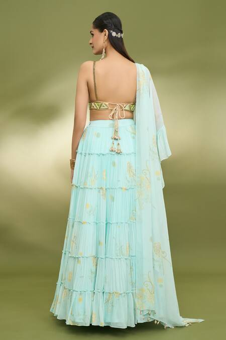 Shop Foram Patel Blue Georgette, Net Mirrors, Embroidery Paisley Pattern Tiered Lehenga Set at Aza Fashions Shop_Foram Patel_Blue Georgette, Net Mirrors, Embroidery Paisley Pattern Tiered Lehenga Set_at_Aza_Fashions
