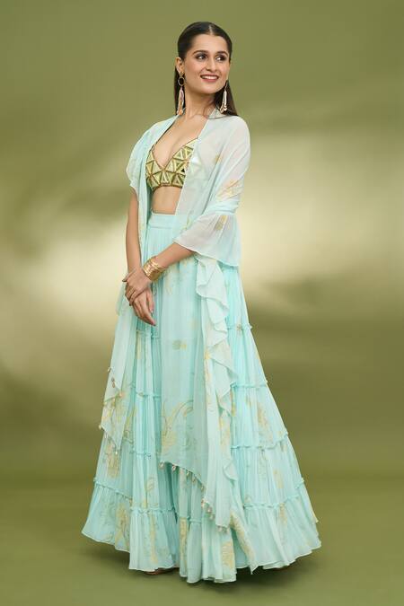 Buy Foram Patel Blue Georgette, Net Mirrors, Embroidery Paisley Pattern Tiered Lehenga Set Online at Aza Fashions Buy_Foram Patel_Blue Georgette, Net Mirrors, Embroidery Paisley Pattern Tiered Lehenga Set_Online_at_Aza_Fashions