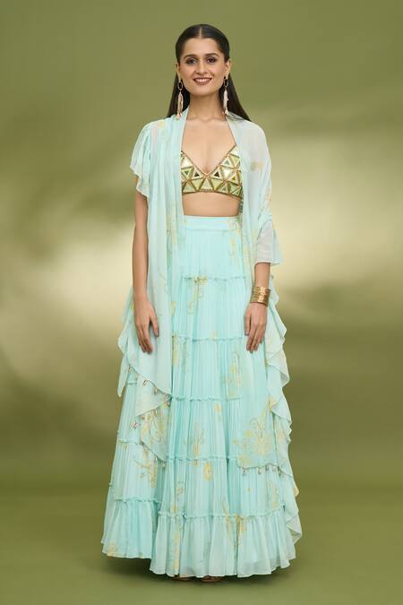 Foram Patel Blue Georgette, Net Mirrors, Embroidery Paisley Pattern Tiered Lehenga Set at Aza Fashions Foram Patel_Blue Georgette, Net Mirrors, Embroidery Paisley Pattern Tiered Lehenga Set_at_Aza_Fashions