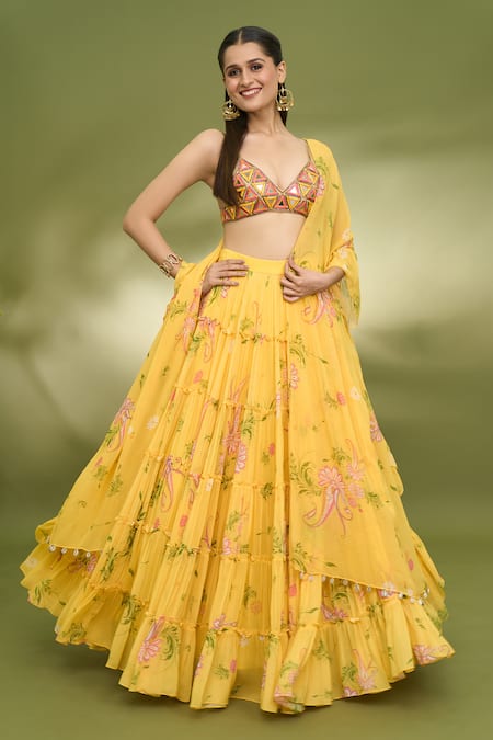 Foram Patel Yellow Lehenga And Blouse Georgette Printed Paisley Deep V Tiered Set 
