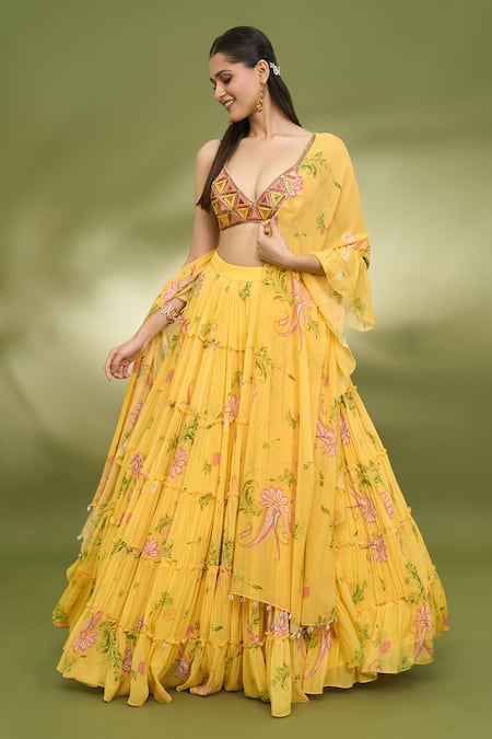 Buy Foram Patel Yellow Georgette, Net Embroidery, Mirrors V-neck Printed Tiered Lehenga Set Online at Aza Fashions Buy_Foram Patel_Yellow Georgette, Net Embroidery, Mirrors V-neck Printed Tiered Lehenga Set_Online_at_Aza_Fashions