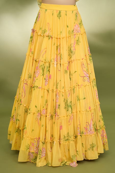 Foram Patel Yellow Georgette, Net Embroidery, Mirrors V-neck Printed Tiered Lehenga Set at Aza Fashions Foram Patel_Yellow Georgette, Net Embroidery, Mirrors V-neck Printed Tiered Lehenga Set_at_Aza_Fashions