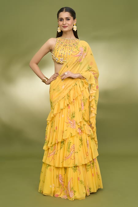 Foram Patel Yellow Georgette Printed Paisley Ruffle Pre-draped Saree With Embroidered Blouse 