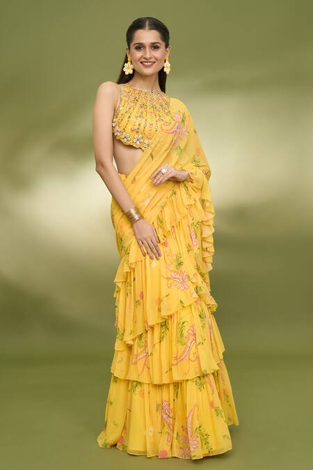 Foram Patel_Yellow Net, Georgette Paisley Print Ruffle Pre-draped Saree With Blouse_Online_at_Aza_Fashions