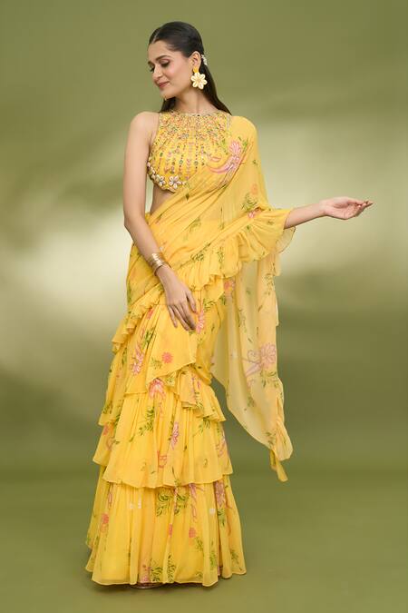 Buy_Foram Patel_Yellow Net, Georgette Paisley Print Ruffle Pre-draped Saree With Blouse_Online_at_Aza_Fashions