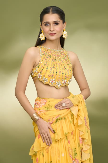 Foram Patel_Yellow Net, Georgette Paisley Print Ruffle Pre-draped Saree With Blouse_at_Aza_Fashions