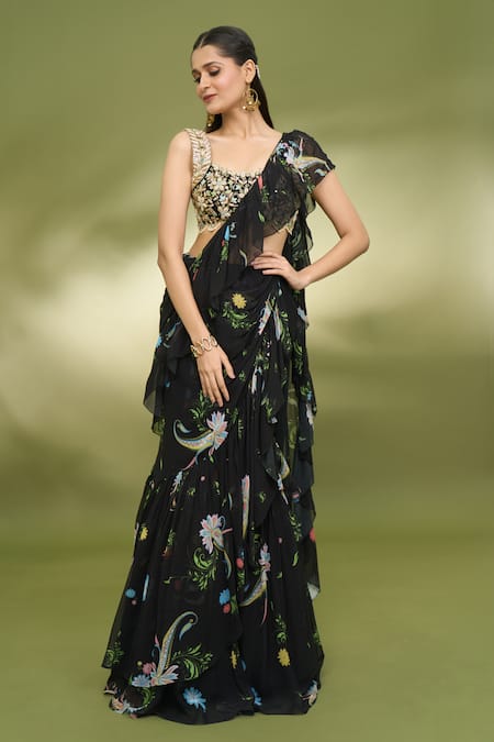 Foram Patel Black Georgette Printed Pattern Ruffle Pre-draped Saree With Embroidered Blouse 