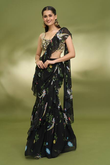 Foram Patel_Black Georgette, Net Paisley Pattern Ruffle Pre-draped Saree With Blouse_Online_at_Aza_Fashions