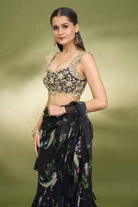 Shop_Foram Patel_Black Georgette, Net Paisley Pattern Ruffle Pre-draped Saree With Blouse_Online_at_Aza_Fashions