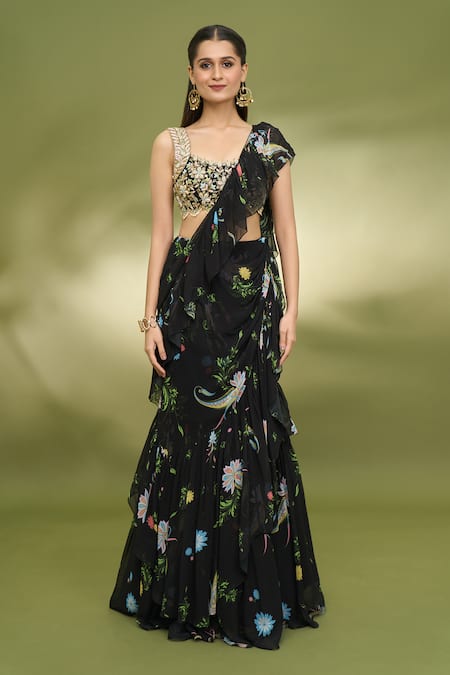 Foram Patel_Black Georgette, Net Paisley Pattern Ruffle Pre-draped Saree With Blouse_at_Aza_Fashions