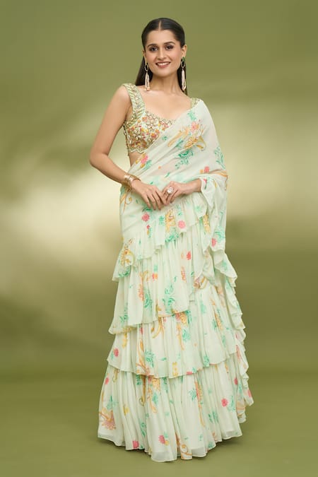 Foram Patel Green Georgette Printed Paisley Ruffle Pre-draped Saree With Embroidered Blouse 